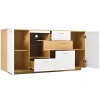 Buffet avec 2 Portes et 4 Tiroirs Pour Salon - Étagère en Verre avec LED - 160x40x77 cm - Naturel et Blanc
