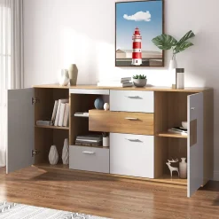 Buffet avec 2 Portes et 4 Tiroirs Pour Salon - Étagère en Verre avec LED - 160x40x77 cm - Naturel et Blanc