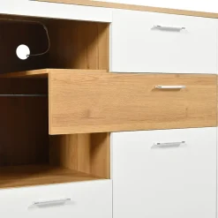 Buffet avec 2 Portes et 4 Tiroirs Pour Salon - Étagère en Verre avec LED - 160x40x77 cm - Naturel et Blanc