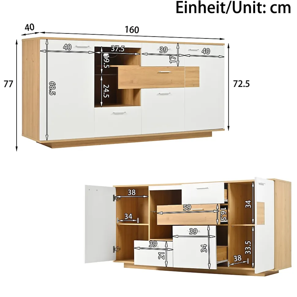 Buffet avec 2 Portes et 4 Tiroirs Pour Salon - Étagère en Verre avec LED - 160x40x77 cm - Naturel et Blanc