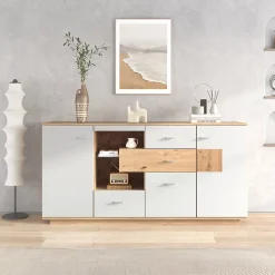 Buffet avec 2 Portes et 4 Tiroirs Pour Salon - Étagère en Verre avec LED - 160x40x77 cm - Naturel et Blanc