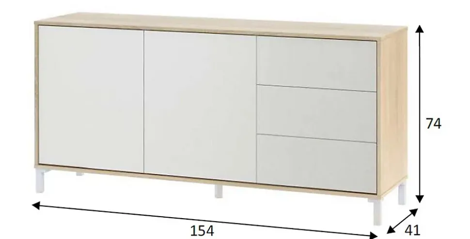 Buffet avec 2 portes et 3 tiroirs coloris chêne canadien / blanc artic - Hauteur 74 x Longueur 154 x Profondeur 41 cm