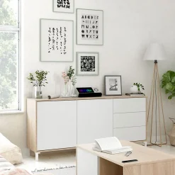 Buffet avec 2 portes et 3 tiroirs coloris chêne canadien / blanc artic - Hauteur 74 x Longueur 154 x Profondeur 41 cm