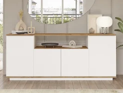 Buffet avec 4 portes et 1 étagère - Blanc et naturel - LOTULA
