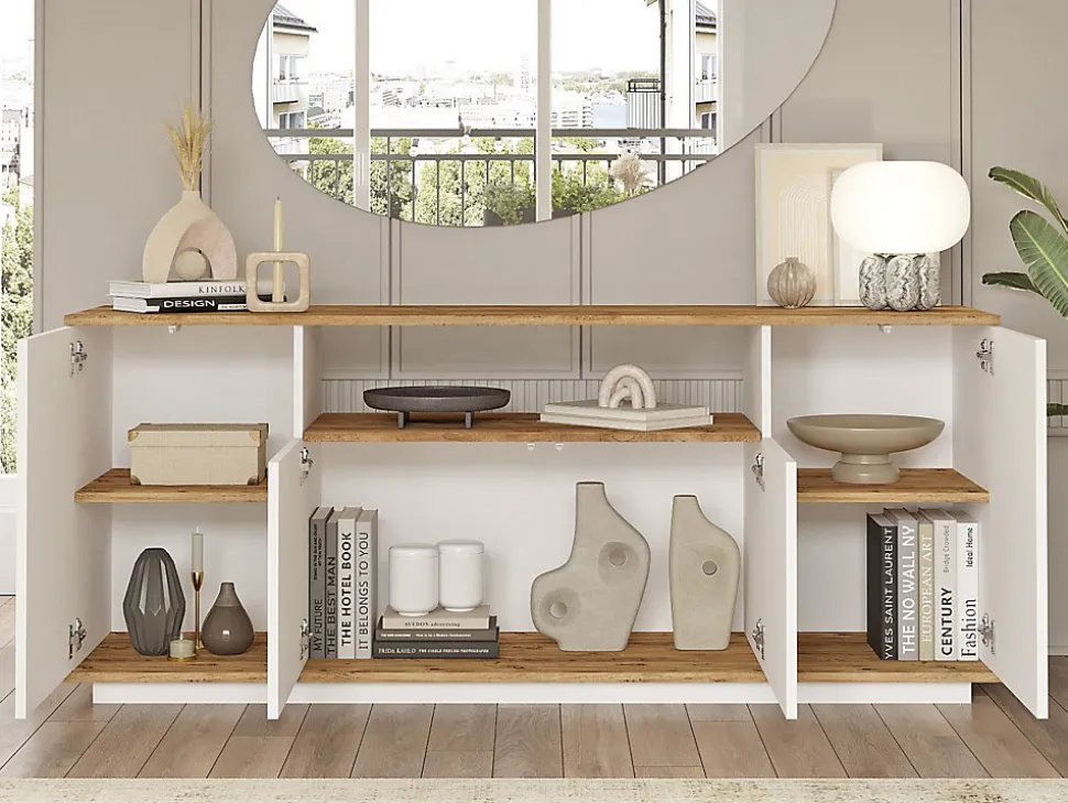 Buffet avec 4 portes et 1 étagère - Blanc et naturel - LOTULA