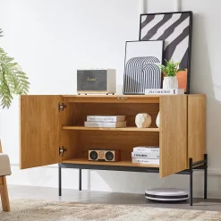 Buffet Avec 2 Portes Et Pieds En Métal, Commode Au Design Linéaire, Dimensions : 100 Cm