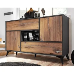 Buffet avec 4 portes Orvieto Komodee - LEDs blanches - Chene Bijoux & Anthracite - Facades en Mat - 150x89x40 cm