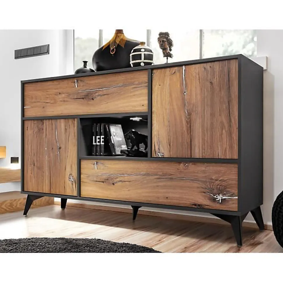 Buffet avec 4 portes Orvieto Komodee - LEDs blanches - Chene Bijoux & Anthracite - Facades en Mat - 150x89x40 cm