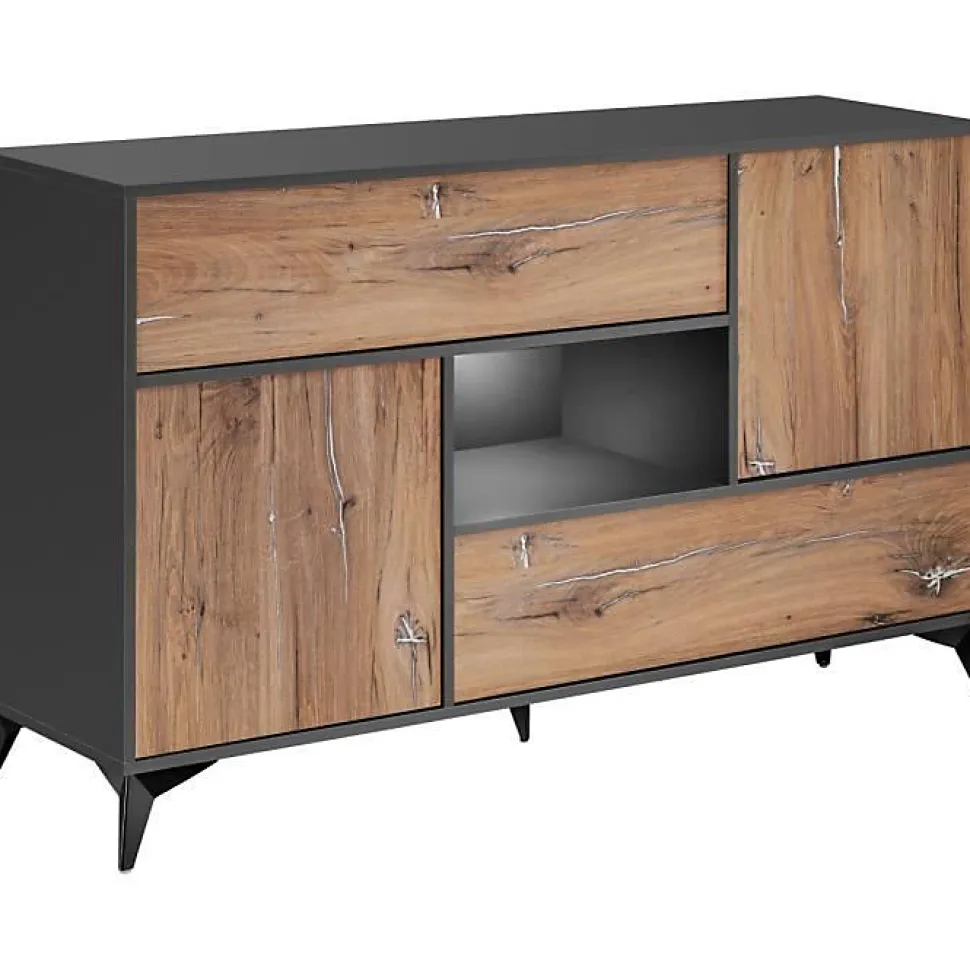 Buffet avec 4 portes Orvieto Komodee - LEDs blanches - Chene Bijoux & Anthracite - Facades en Mat - 150x89x40 cm