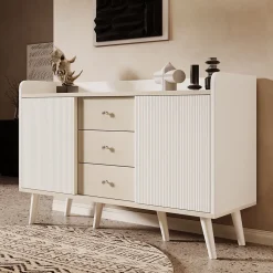 Buffet avec 3 tiroirs, Belle finition bois moderne avec étagères de rangement, Pour chambre et salon, L117,5 cm