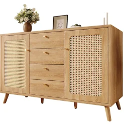 Buffet avec 4 Tiroirs et 2 Portes, Étagères Réglables, Meuble de Rangement Décor Cannage, Design Élégant - Chêne Clair
