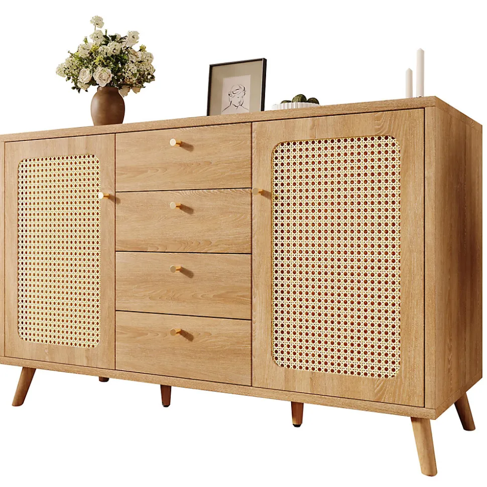 Buffet avec 4 Tiroirs et 2 Portes, Étagères Réglables, Meuble de Rangement Décor Cannage, Design Élégant - Chêne Clair