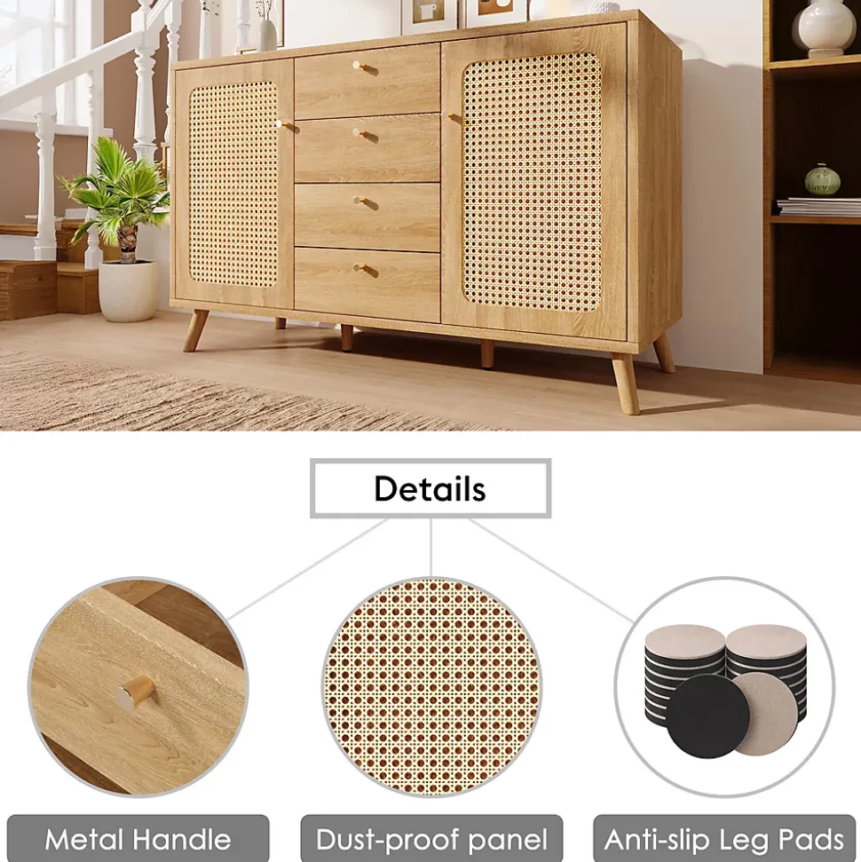 Buffet avec 4 Tiroirs et 2 Portes, Étagères Réglables, Meuble de Rangement Décor Cannage, Design Élégant - Chêne Clair