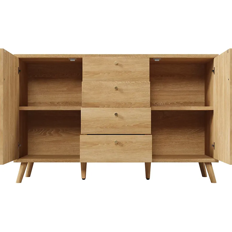 Buffet avec 4 Tiroirs et 2 Portes, Étagères Réglables, Meuble de Rangement Décor Cannage, Design Élégant - Chêne Clair