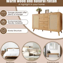 Buffet avec 4 Tiroirs et 2 Portes, Étagères Réglables, Meuble de Rangement Décor Cannage, Design Élégant - Chêne Clair