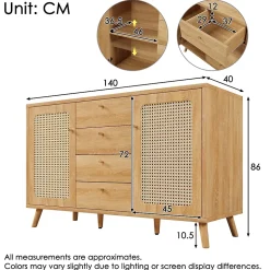 Buffet avec 4 Tiroirs et 2 Portes, Étagères Réglables, Meuble de Rangement Décor Cannage, Design Élégant - Chêne Clair