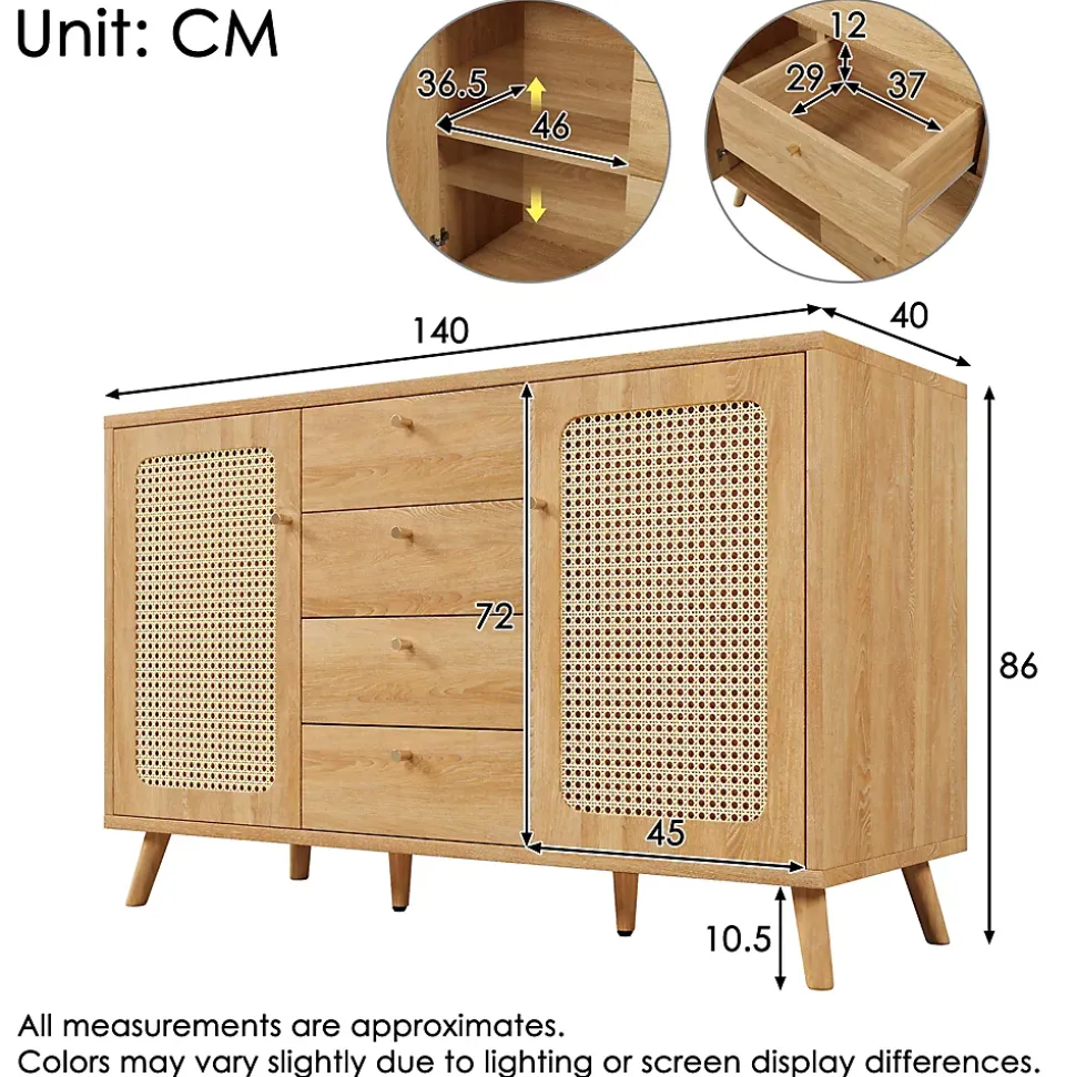 Buffet avec 4 Tiroirs et 2 Portes, Étagères Réglables, Meuble de Rangement Décor Cannage, Design Élégant - Chêne Clair