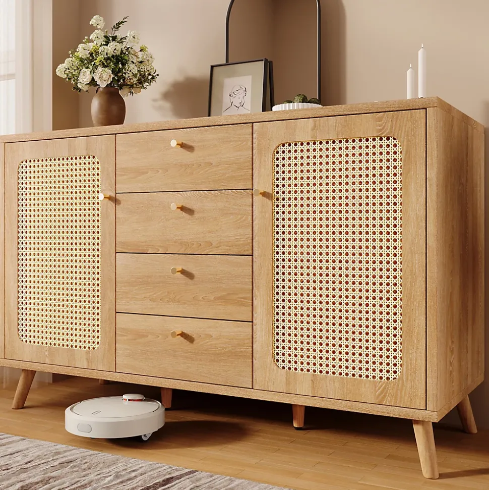Buffet avec 4 Tiroirs et 2 Portes, Étagères Réglables, Meuble de Rangement Décor Cannage, Design Élégant - Chêne Clair
