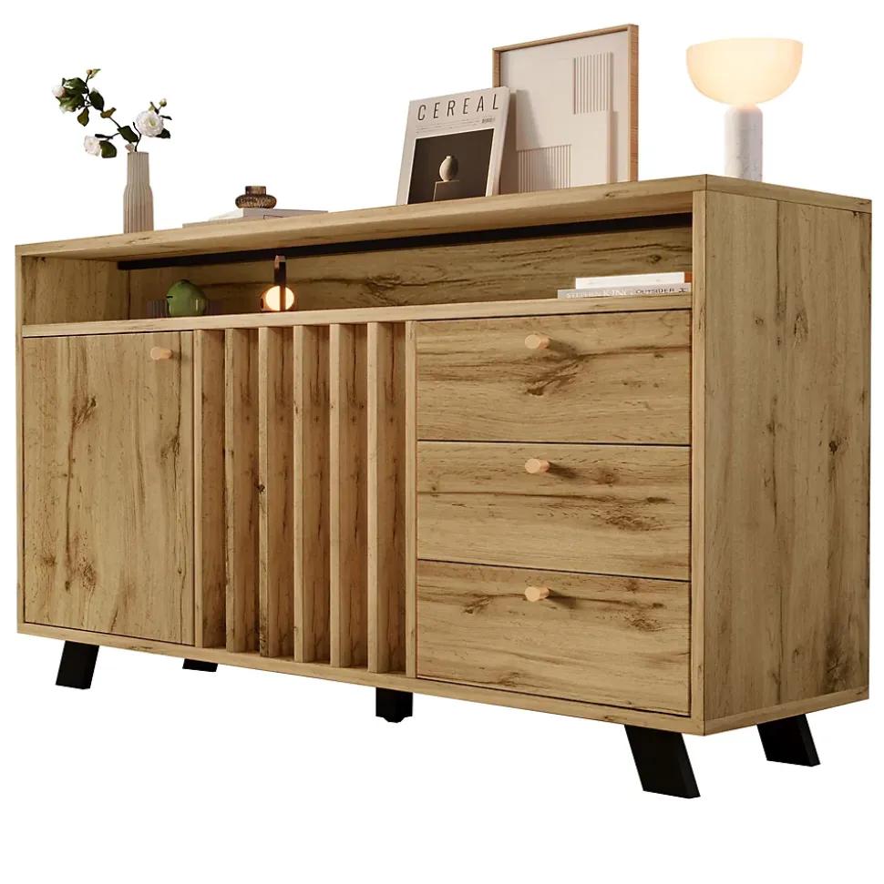 Buffet avec 3 tiroirs et 2 portes - style rétro - avec des étagères ouvertes - chêne foncé