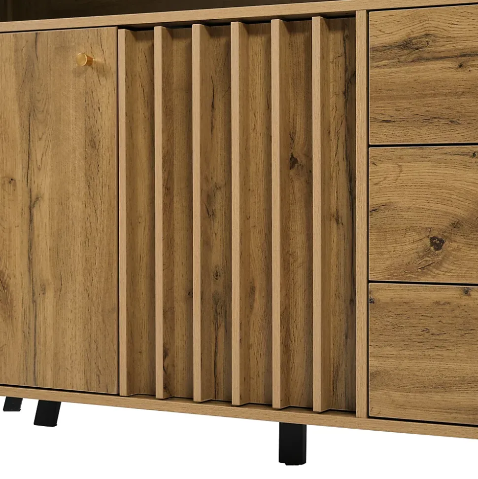 Buffet avec 3 tiroirs et 2 portes - style rétro - avec des étagères ouvertes - chêne foncé