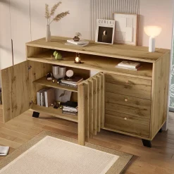 Buffet avec 3 tiroirs et 2 portes - style rétro - avec des étagères ouvertes - chêne foncé