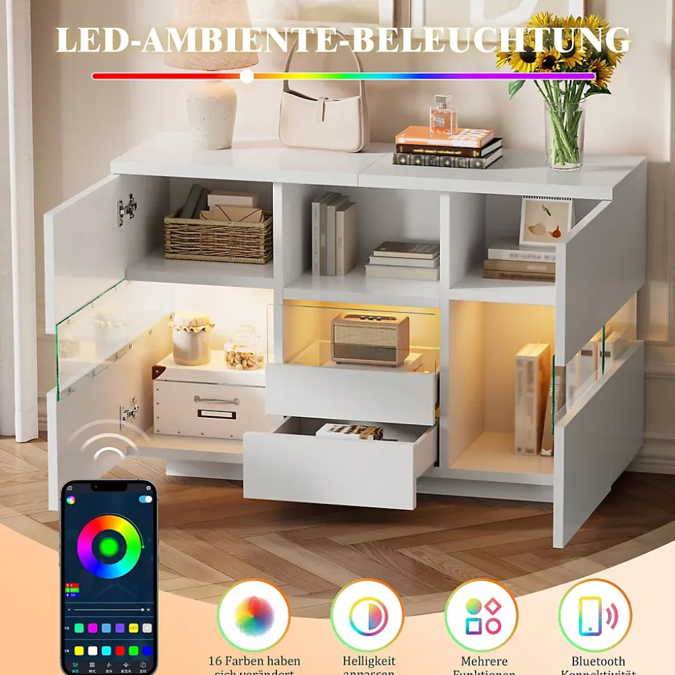 Buffet avec Compartiments Fermés et Espaces Ouverts - Meuble de Rangement Design avec Cloison en Verre - 140x35x75 cm, Blanc