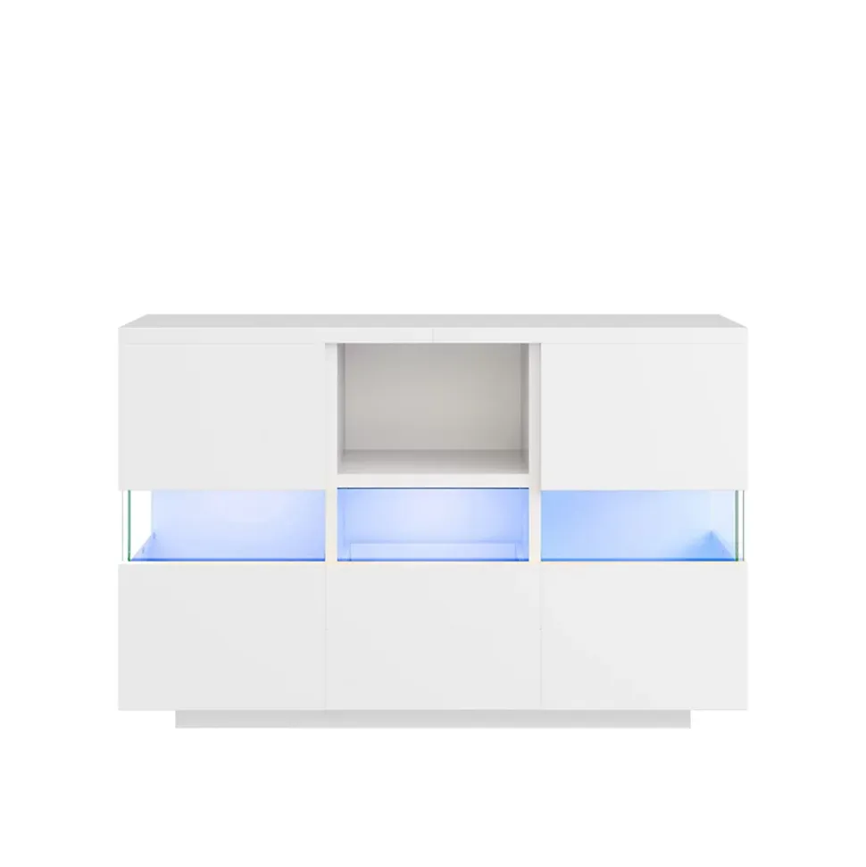 Buffet avec Compartiments Fermés et Espaces Ouverts - Meuble de Rangement Design avec Cloison en Verre - 140x35x75 cm, Blanc