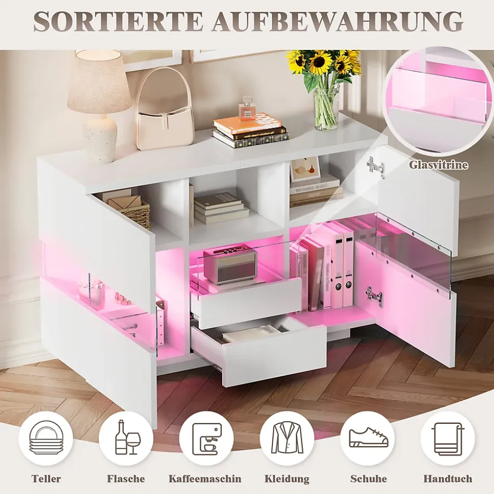 Buffet avec Compartiments Fermés et Espaces Ouverts - Meuble de Rangement Design avec Cloison en Verre - 140x35x75 cm, Blanc