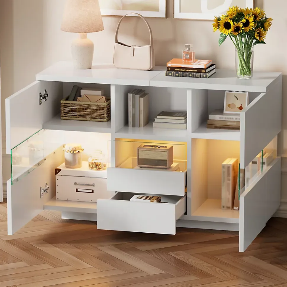 Buffet avec Compartiments Fermés et Espaces Ouverts - Meuble de Rangement Design avec Cloison en Verre - 140x35x75 cm, Blanc
