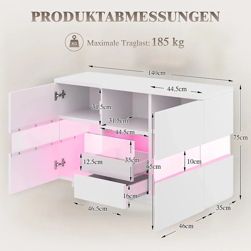 Buffet avec Compartiments Fermés et Espaces Ouverts - Meuble de Rangement Design avec Cloison en Verre - 140x35x75 cm, Blanc