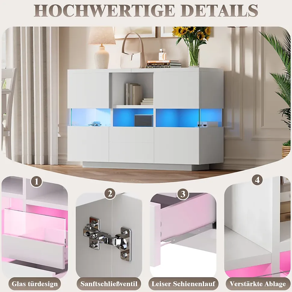 Buffet avec Compartiments Fermés et Espaces Ouverts - Meuble de Rangement Design avec Cloison en Verre - 140x35x75 cm, Blanc