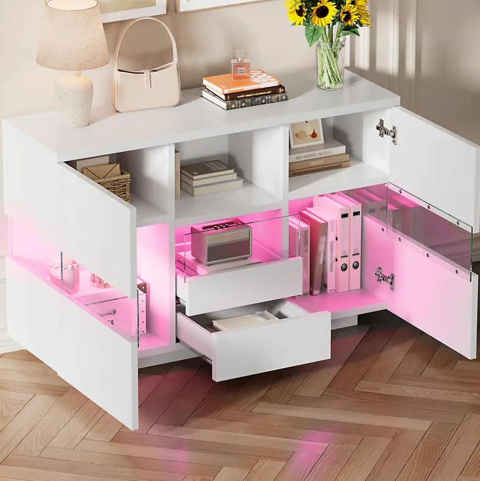 Buffet avec Compartiments Fermés et Espaces Ouverts - Meuble de Rangement Design avec Cloison en Verre - 140x35x75 cm, Blanc