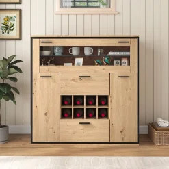 Buffet avec Étagère en Verre et 8 Porte-Bouteilles Pour Salon - Portes Doubles - 110x38x111 cm - Naturel et Noir
