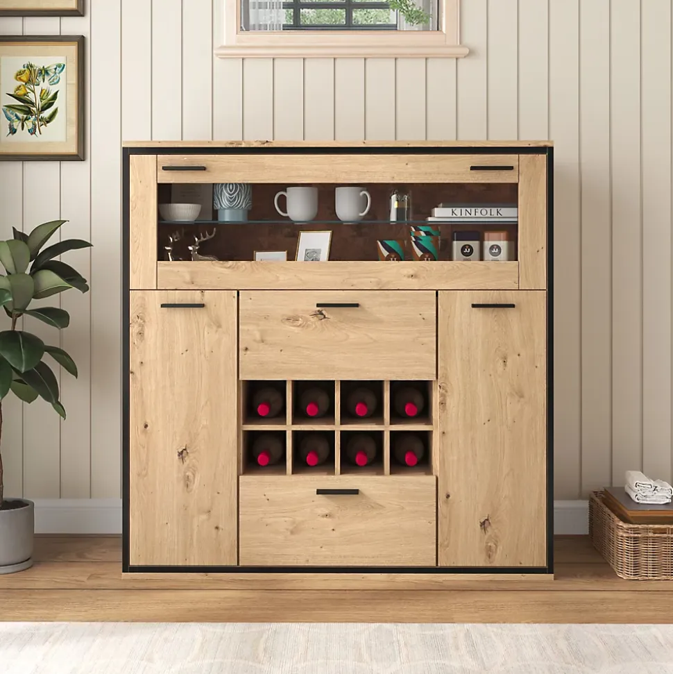 Buffet avec Étagère en Verre et 8 Porte-Bouteilles Pour Salon - Portes Doubles - 110x38x111 cm - Naturel et Noir