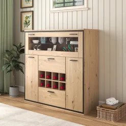 Buffet avec Étagère en Verre et 8 Porte-Bouteilles Pour Salon - Portes Doubles - 110x38x111 cm - Naturel et Noir