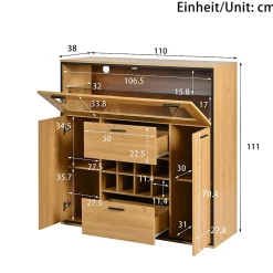 Buffet avec Étagère en Verre et 8 Porte-Bouteilles Pour Salon - Portes Doubles - 110x38x111 cm - Naturel et Noir