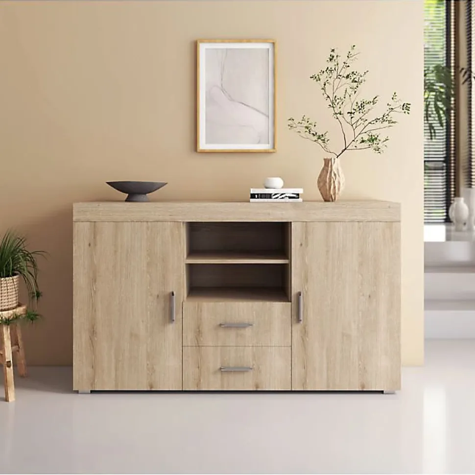 Buffet Bahut 2 portes 2 tiroirs - 140 x 80 x 40 cm - Couleur Sonoma Mate - Rangement - ROQUE
