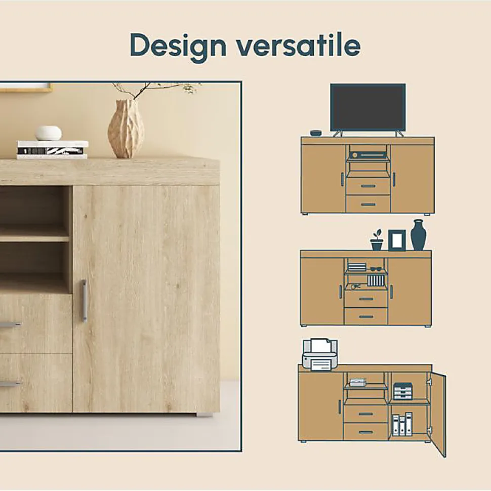 Buffet Bahut 2 portes 2 tiroirs - 140 x 80 x 40 cm - Couleur Sonoma Mate - Rangement - ROQUE