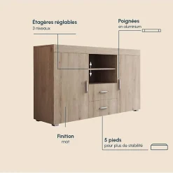 Buffet Bahut 2 portes 2 tiroirs - 140 x 80 x 40 cm - Couleur Sonoma Mate - Rangement - ROQUE