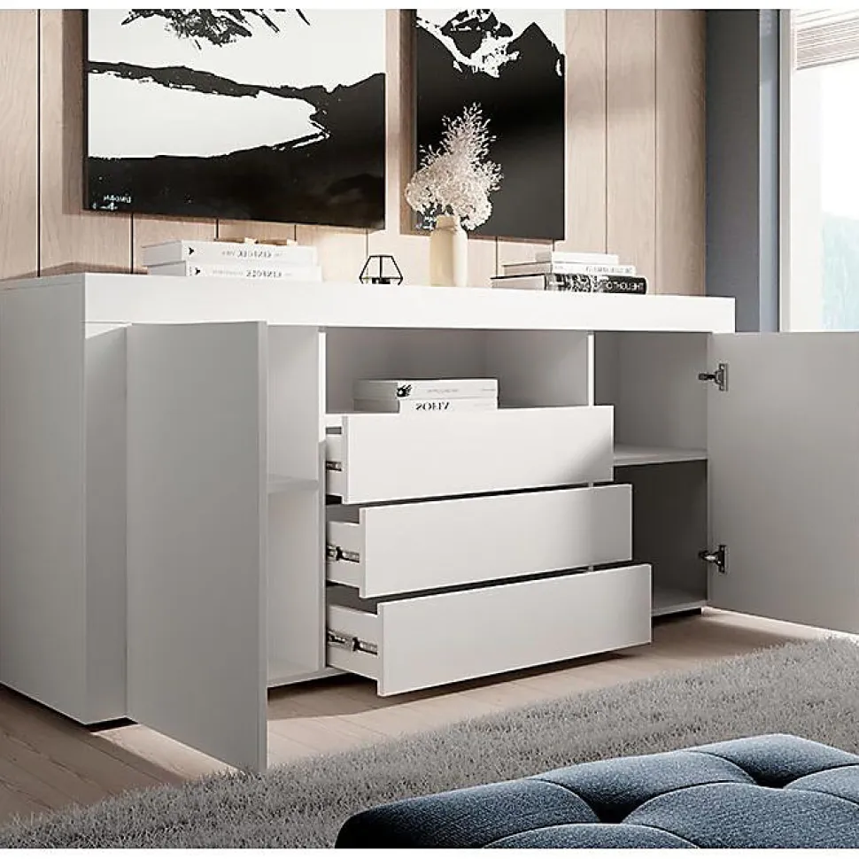 Buffet Bahut de Salon YANIS - 160 cm - 2 Portes et 3 Tiroirs - Enfilade Blanc Mat - Style Scandinave Moderne - Designameublement