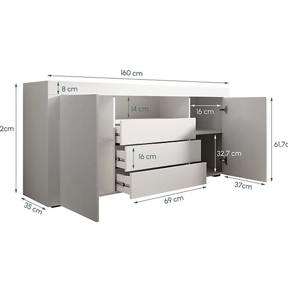 Buffet Bahut de Salon YANIS - 160 cm - 2 Portes et 3 Tiroirs - Enfilade Blanc Mat - Style Scandinave Moderne - Designameublement
