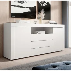 Buffet Bahut de Salon YANIS - 160 cm - 2 Portes et 3 Tiroirs - Enfilade Blanc Mat - Style Scandinave Moderne - Designameublement