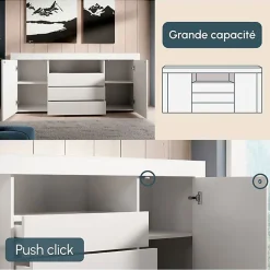 Buffet Bahut de Salon YANIS - 160 cm - 2 Portes et 3 Tiroirs - Enfilade Blanc Mat - Style Scandinave Moderne - Designameublement