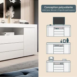 Buffet Bahut de Salon YANIS - 160 cm - 2 Portes et 3 Tiroirs - Enfilade Blanc Mat - Style Scandinave Moderne - Designameublement