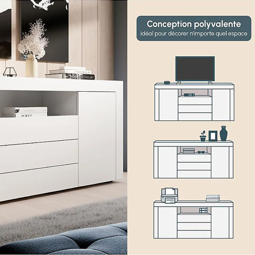 Buffet Bahut de Salon YANIS - 160 cm - 2 Portes et 3 Tiroirs - Enfilade Blanc Mat - Style Scandinave Moderne - Designameublement