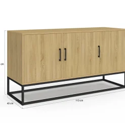 Buffet bas 113 cm DETROIT 3 portes bois et noir design industriel