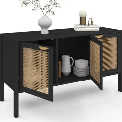 Buffet bas 110 cm EDHEN 3 portes bois noir et cannage