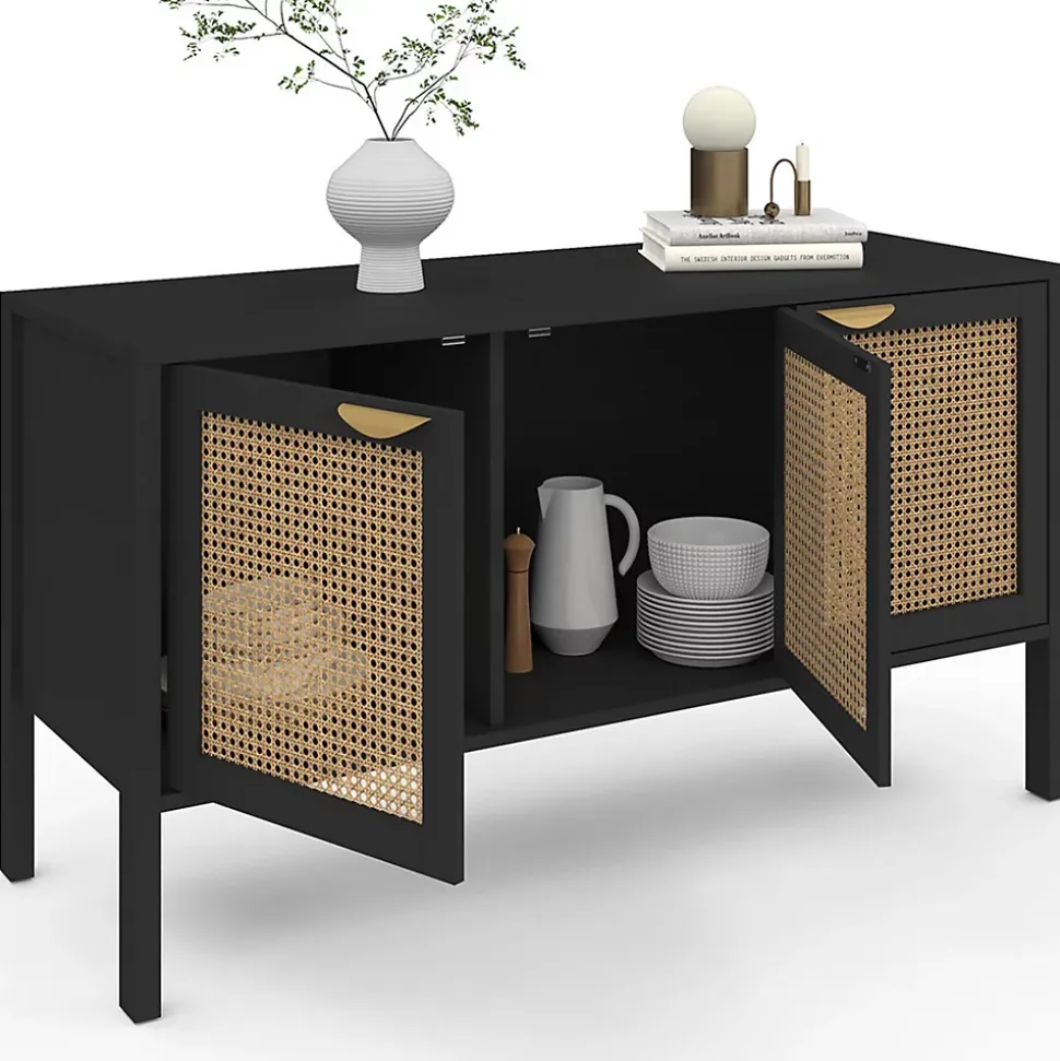 Buffet bas 110 cm EDHEN 3 portes bois noir et cannage