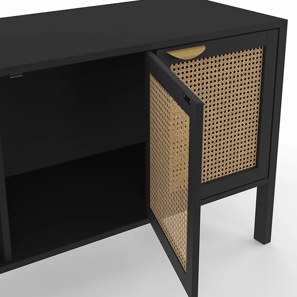 Buffet bas 110 cm EDHEN 3 portes bois noir et cannage