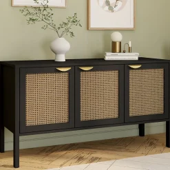 Buffet bas 110 cm EDHEN 3 portes bois noir et cannage